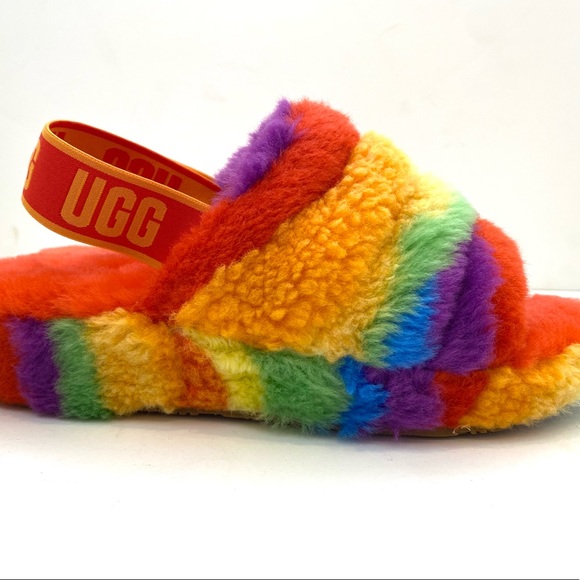 UGG Fluff Yeah Cali Collage Rainbow Pride Slide Slipper Sandal Woman’s - Picture 3 of 5